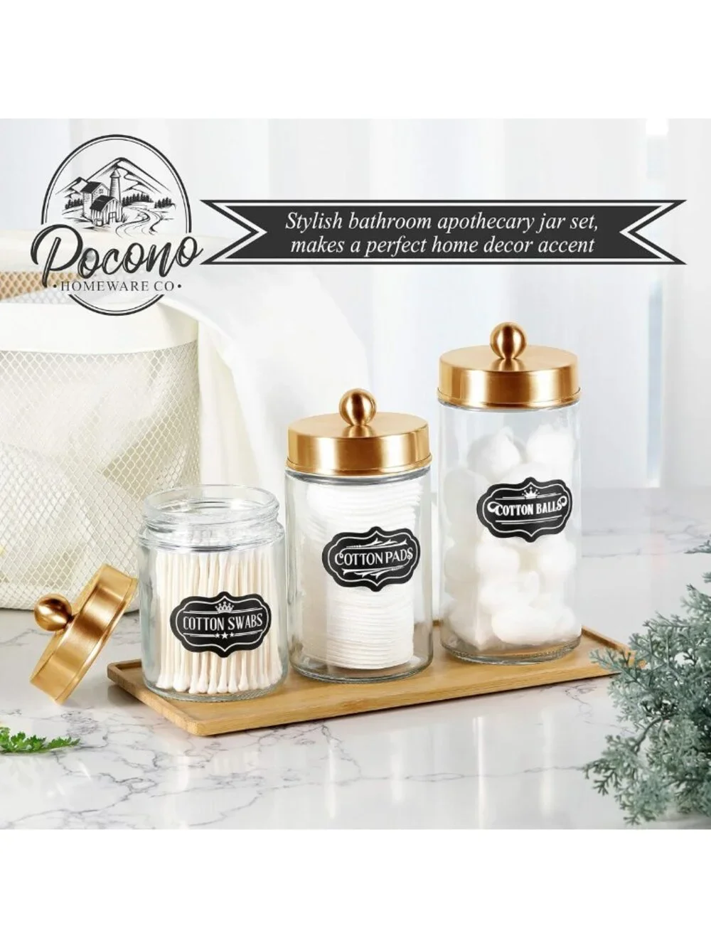 Rustic Glass Apothecary Jars Set - Bathroom Storage Containers with Gold Lids